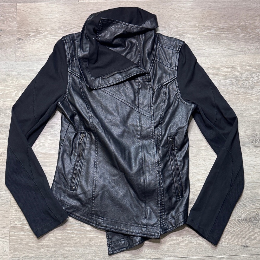BLANKNYC Womens Black Faux Leather Mixed Media Moto Jacket Size Medium M